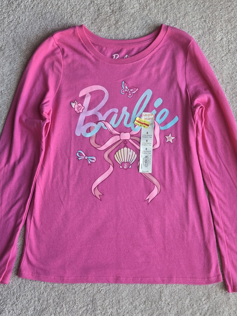 Barbie Bright Pink Long Sleeve Graphic Tee with Bows & Shell